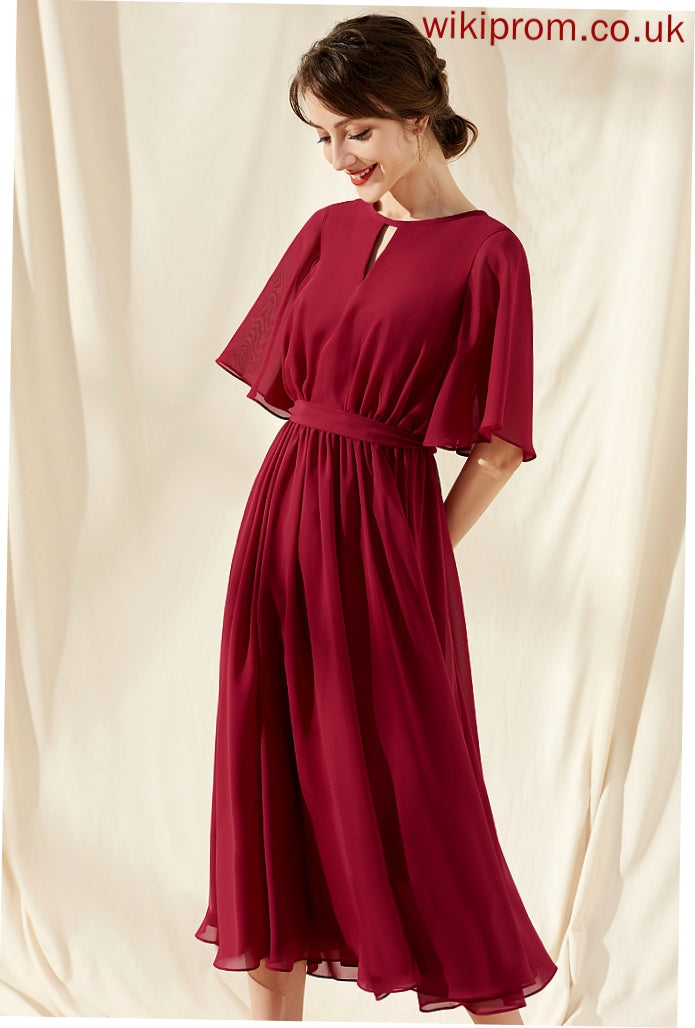 Chiffon Bow(s) Neck Cocktail Cocktail Dresses Ruffle With Scoop Kaia A-Line Tea-Length Dress