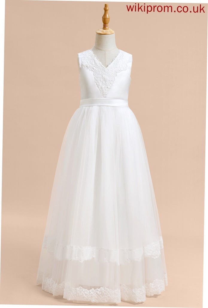 - Ball-Gown/Princess Flower Girl Dresses With Floor-length Lace/Bow(s) Sleeveless Lillie Tulle Flower V-neck Girl Dress
