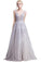 A-Line Grey Tulle with Lace Appliqued V-Neck Long Sleeveless Floor-Length Prom Dresses WK385