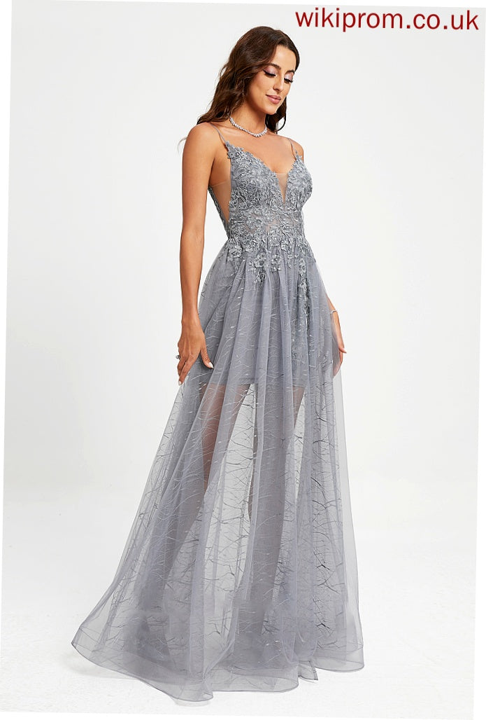 Floor-Length With Sequins Prom Dresses Sahna Ball-Gown/Princess Tulle V-neck Lace