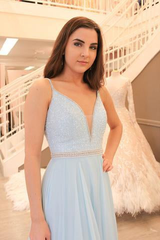Gorgeous Straps Light Sky Blue Chiffon V-Neck Backless Sleeveless A Line Long Prom Dress WK485
