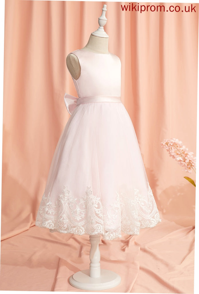 - With Girl Dress Sleeveless Flower Girl Dresses Flower Ball-Gown/Princess Alena Scoop Lace/Bow(s) Tea-length Neck Satin/Tulle