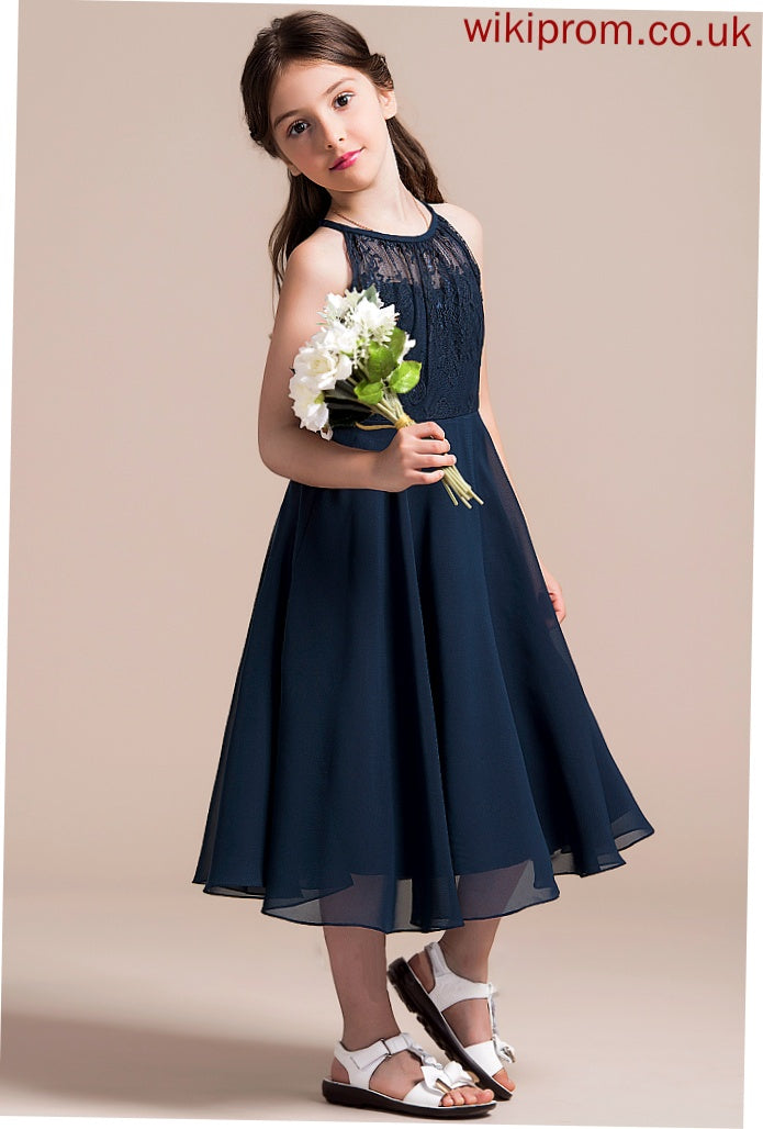 Chiffon With Ruffle A-Line Lace Neck Junior Bridesmaid Dresses Tea-Length Daniella Scoop