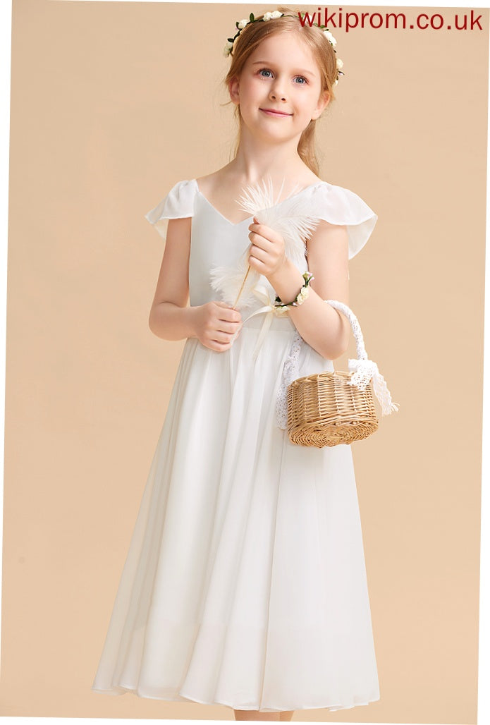 Flower Girl Dresses Tea-length Karly - V-neck Girl Flower Chiffon/Satin A-Line Dress Sleeveless