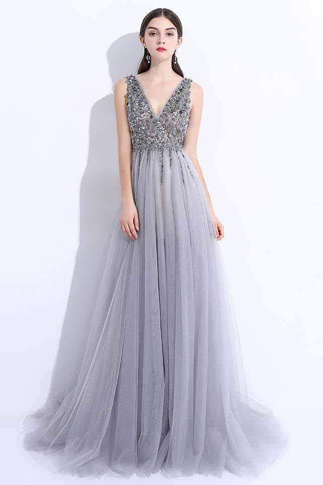2022 New A-Line V-Neck Grey Tulle Beaded Long Sleeveless Backless Prom Dresses with Split WK884