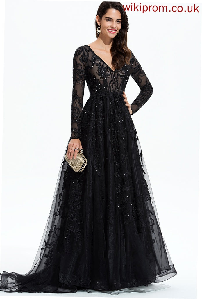 Train With Lace Gabrielle Prom Dresses Ball-Gown/Princess Sweep Tulle V-neck Sequins