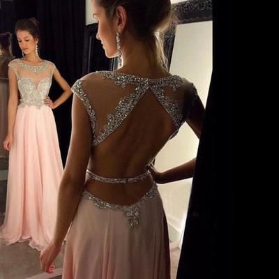 Backless Beaded Blush Pink Long Sexy Open Back Cap Sleeve Scoop Prom Dresses WK964