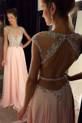 Backless Beaded Blush Pink Long Sexy Open Back Cap Sleeve Scoop Prom Dresses WK964