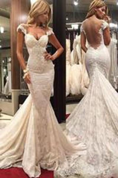 Gorgeous Scoop Illusion Back Cap Sleeves Court Train Lace Sexy Mermaid Wedding Dresses WK285