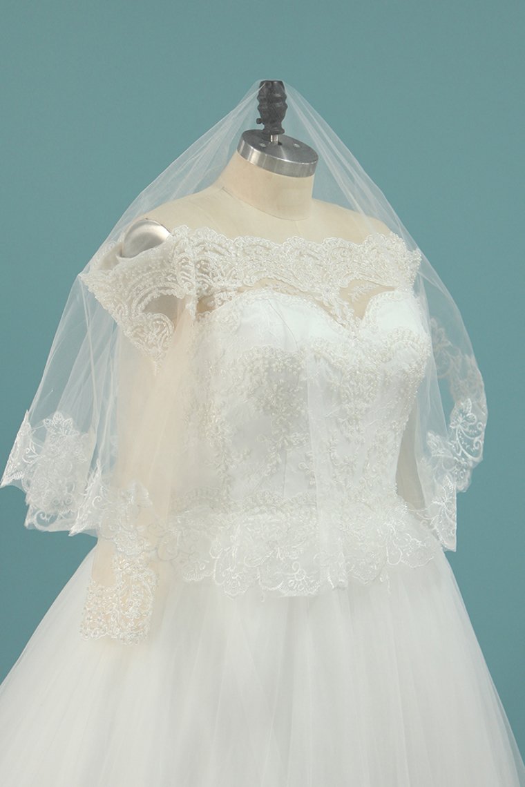 Long Sleeves Boat Neck A Line Tulle With Applique Wedding Dresses