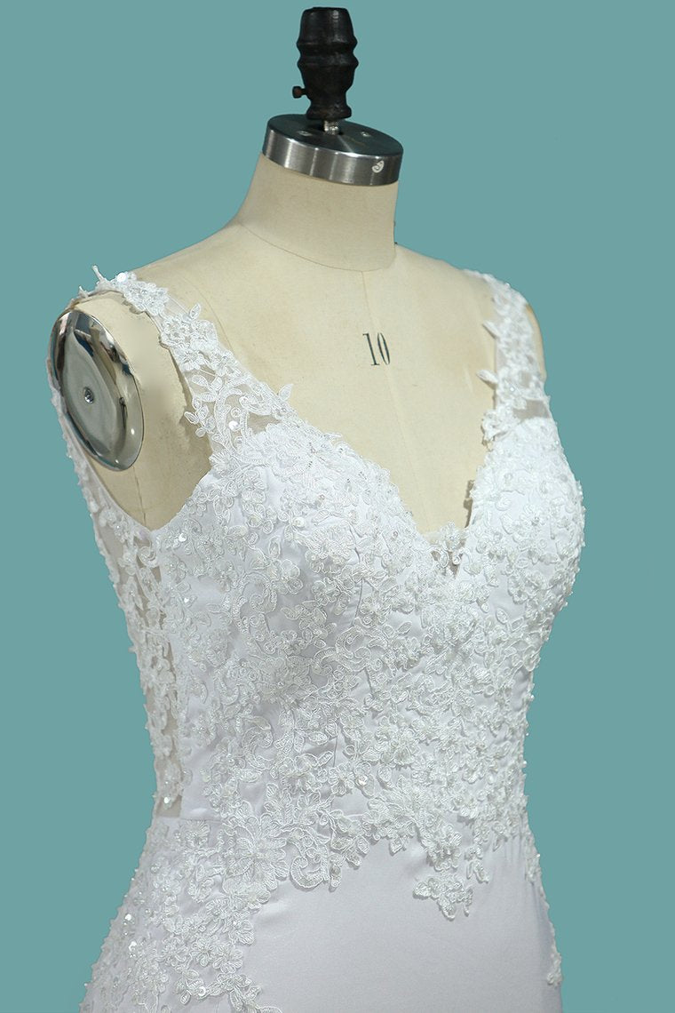 Mermaid Wedding Dresses V Neck Open Back Elastic Satin With Applique
