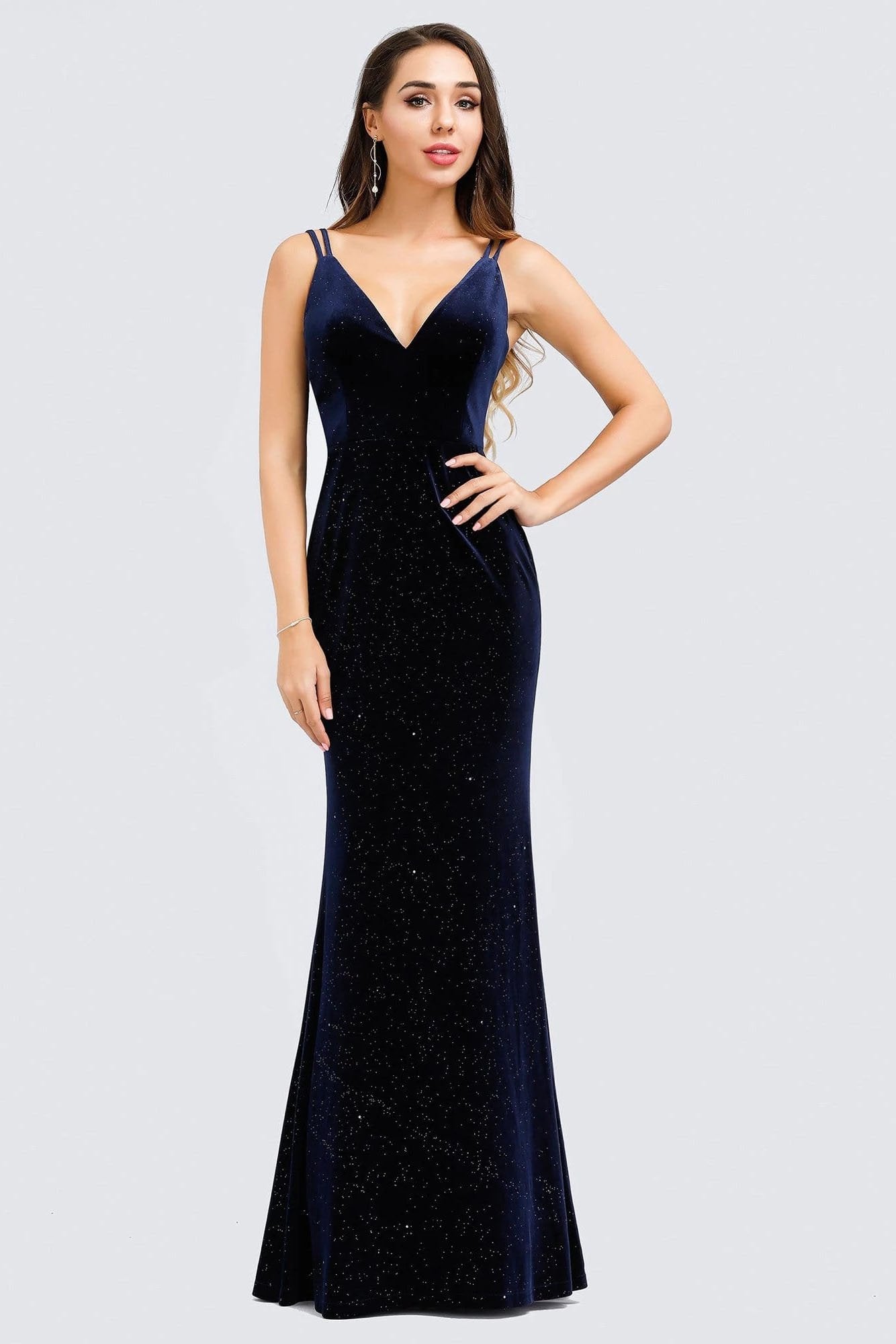 V-Neck Spaghetti Straps Velvet Dark Navy Blue Mermaid Evening Dress, Prom Dresses SWK15480