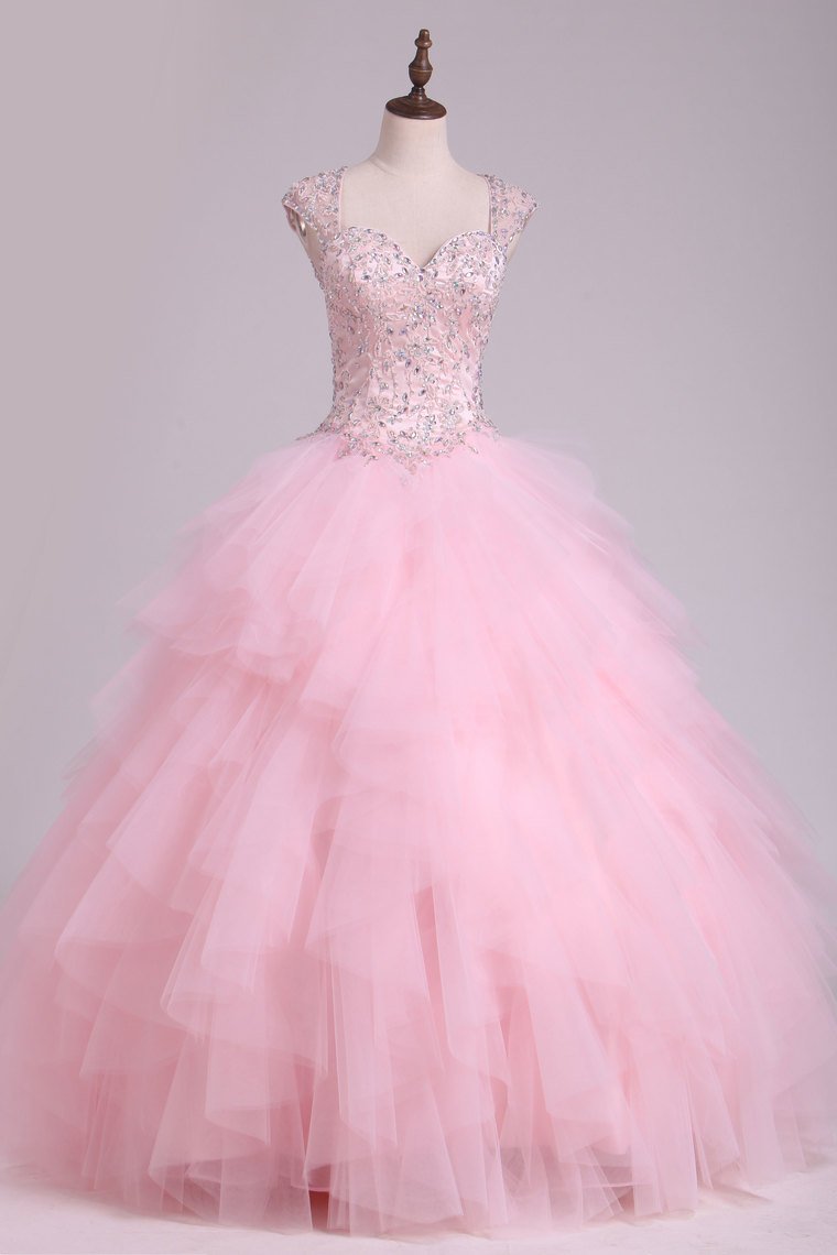 Sweetheart Beaded Bodice Ball Gown Quinceanera Dresses Floor Length Tulle