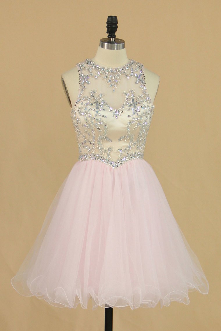 Scoop A-Line Homecoming Dresses Beaded Bodice Tulle Short/Mini