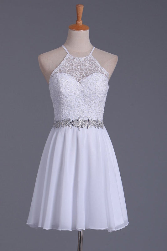 White Halter Homecoming Dresses A Line Chiffon & Lace Short/Mini