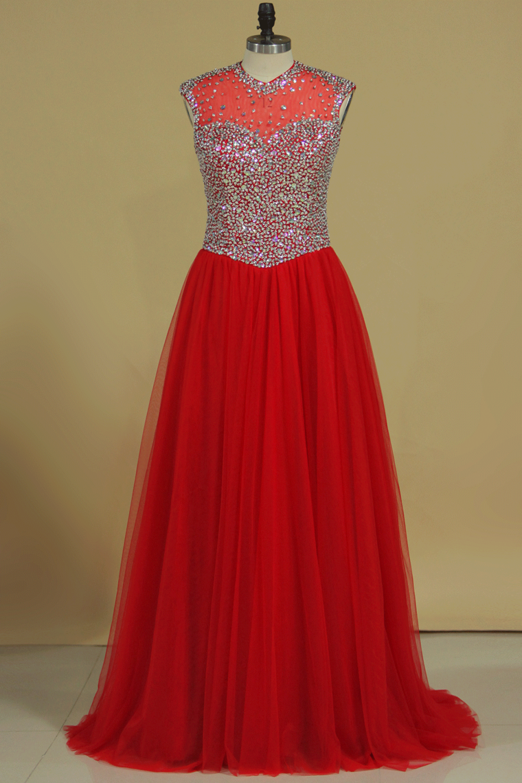 V Neck Beaded Bodice Tulle Prom Dresses A Line Sweep Train