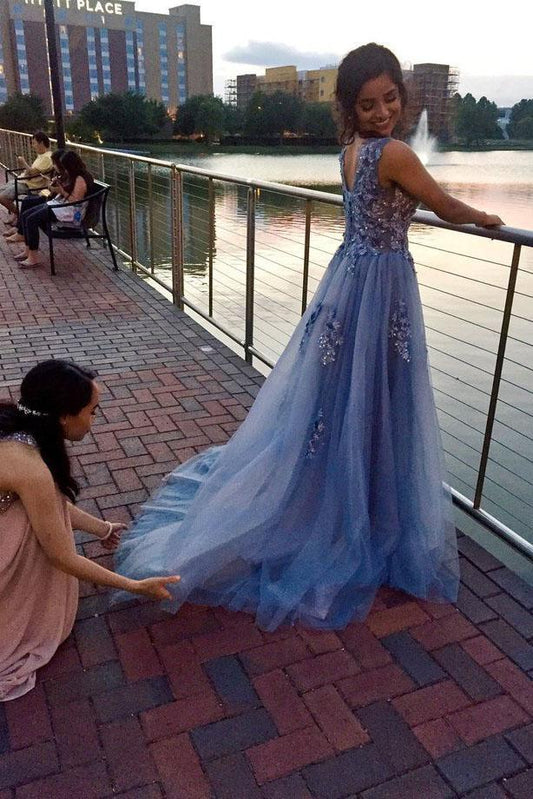 Unique Blue Tulle Appliques Beading Prom Dresses, Charming Formal Dresses SWK15456