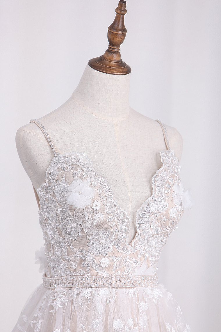 Spaghetti Straps A Line Lace Wedding Dresses With Sash And Handmade Flower