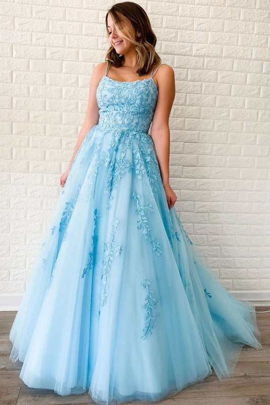 Unique A-Line Sky Blue Tulle Appliques Beads Scoop Prom Dresses with Lace SWK20453