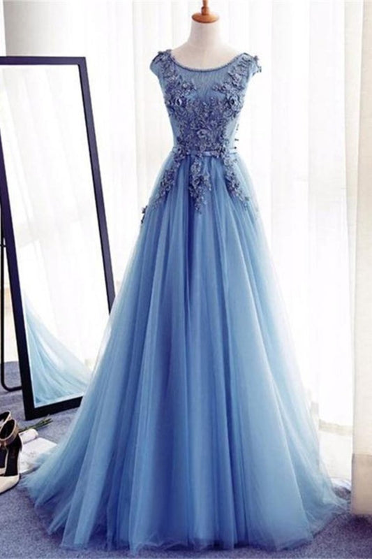 Charming Blue Long Lace Tulle Open Back Lace Up Princess Prom Dresses