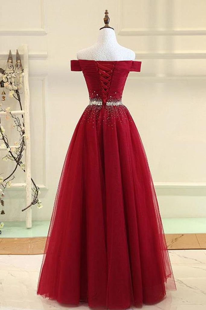 Tulle Prom Dresses A Line Off The Shoulder With Beading Lace Up