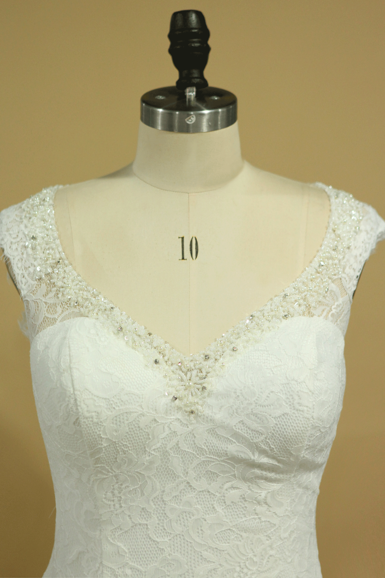 Lace Wedding Dresses Sheath V-Neck Court Train Beaded Neckline