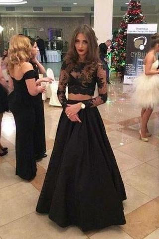 Elegant Two Piece A-line Lace Long Sleeves Black Prom Dresses WK857