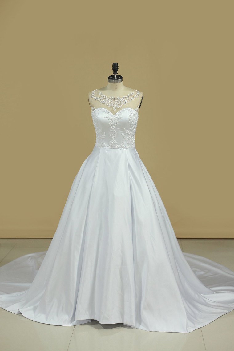 A Line Scoop Wedding Dresses Satin With Beading Chaple Train