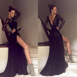 Black Long Sleeves Lace Side Split Sexy V Back Long Prom Dress WK0003