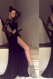 Black Long Sleeves Lace Side Split Sexy V Back Long Prom Dress WK0003