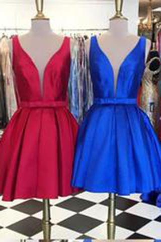 A-line Knee-Length V-neck Satin Red/Blue Ribbon Homecoming Dress WK457