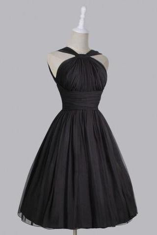 Vintage A-line Straps Knee-Length Chiffon Sash Backless Black Party Homecoming Dresses WK448