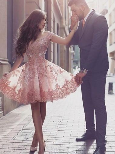 Off Shoulder Short Sleeves Mini Blush Lace Homecoming Dress with Appliques WK609