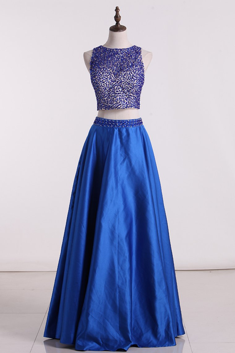 Two-Piece Scoop Open Back A Line Prom Dresses Satin With Beads