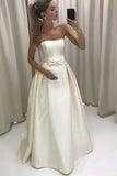 Cute Elegant Strapless Long A-Line Ivory Satin Prom Dresses Wedding Dresses