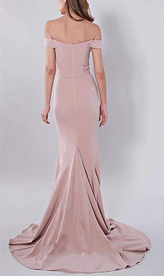 Blush Pale Pink Sexy Off the Shoulder Mermaid Charming Satin Sweep Train Prom Dresses WK163