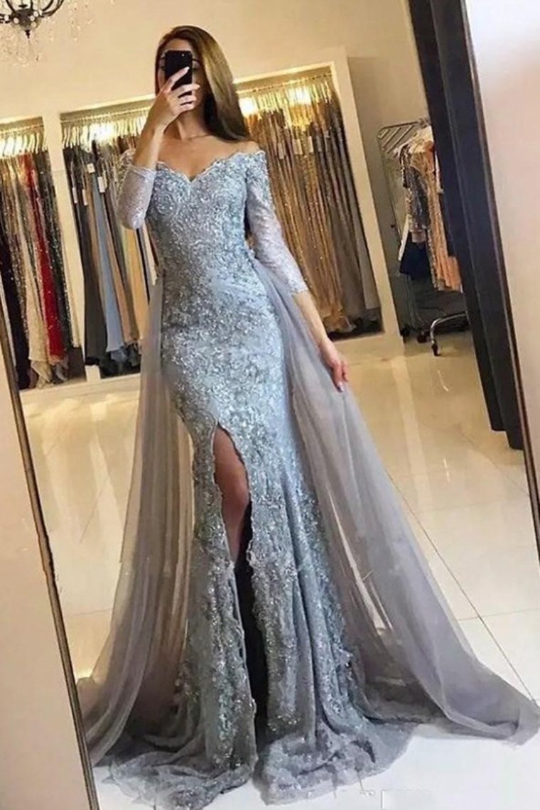 Trumpet/Mermaid Long Sleeves Off-The-Shoulder Sweep/Brush Train Tulle Lace Evening Dresses