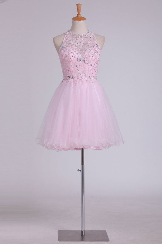 Sexy Open Back Homecoming Dress A Line Tulle With Beading Short/Mini