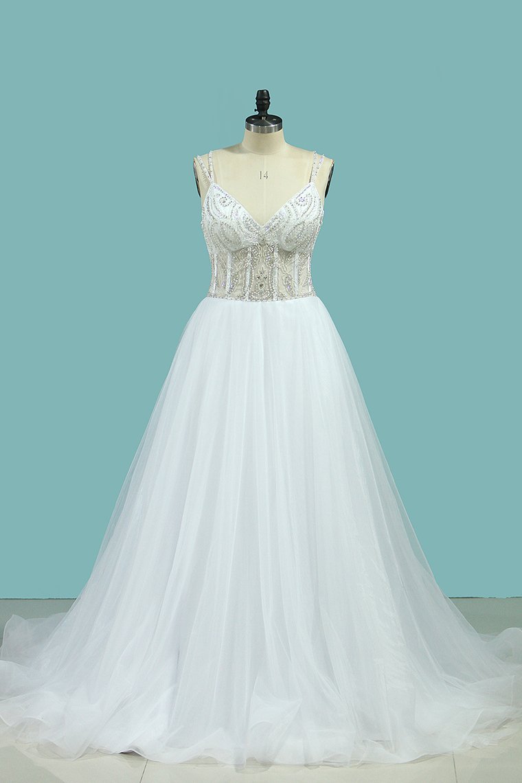 A Line Spaghetti Straps Wedding Dresses Beaded Bodice Tulle Court Train