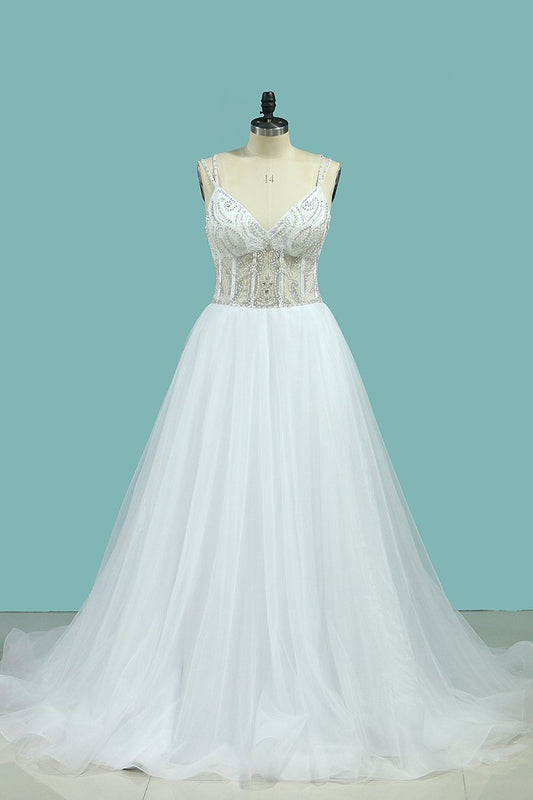 A Line Spaghetti Straps Wedding Dresses Beaded Bodice Tulle Court Train