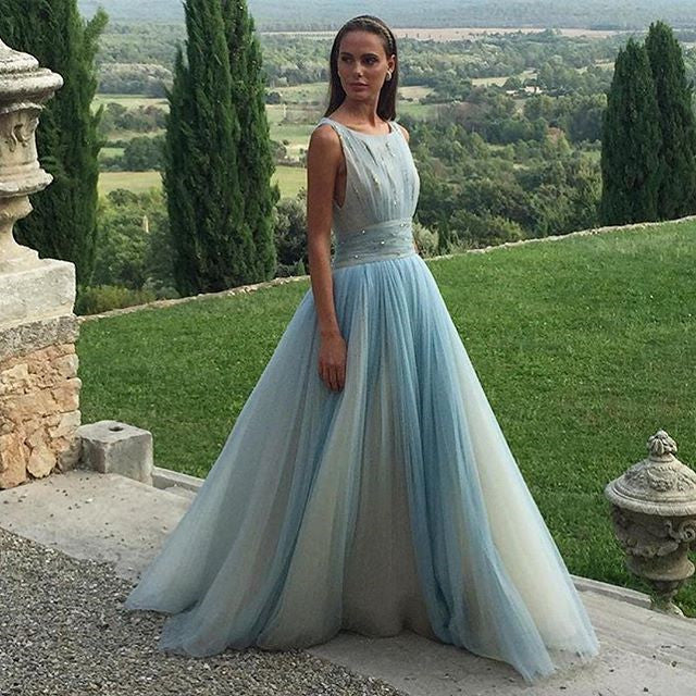 Simple Round Neck Sleeveless Tulle Party Dresses A Line Prom Dresses with Beading