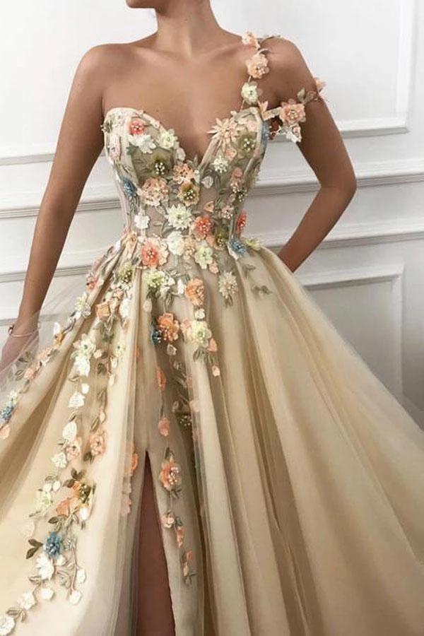 A Line One Shoulder V Neck 3D Flowers Prom Dresses, Tulle Sleeveless Evening Dresses SWK15009
