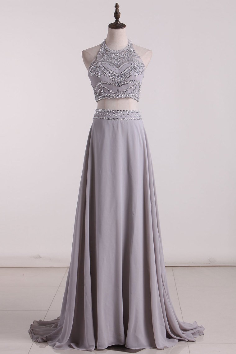 Two-Piece A Line Prom Dresses Halter Chiffon With Beading