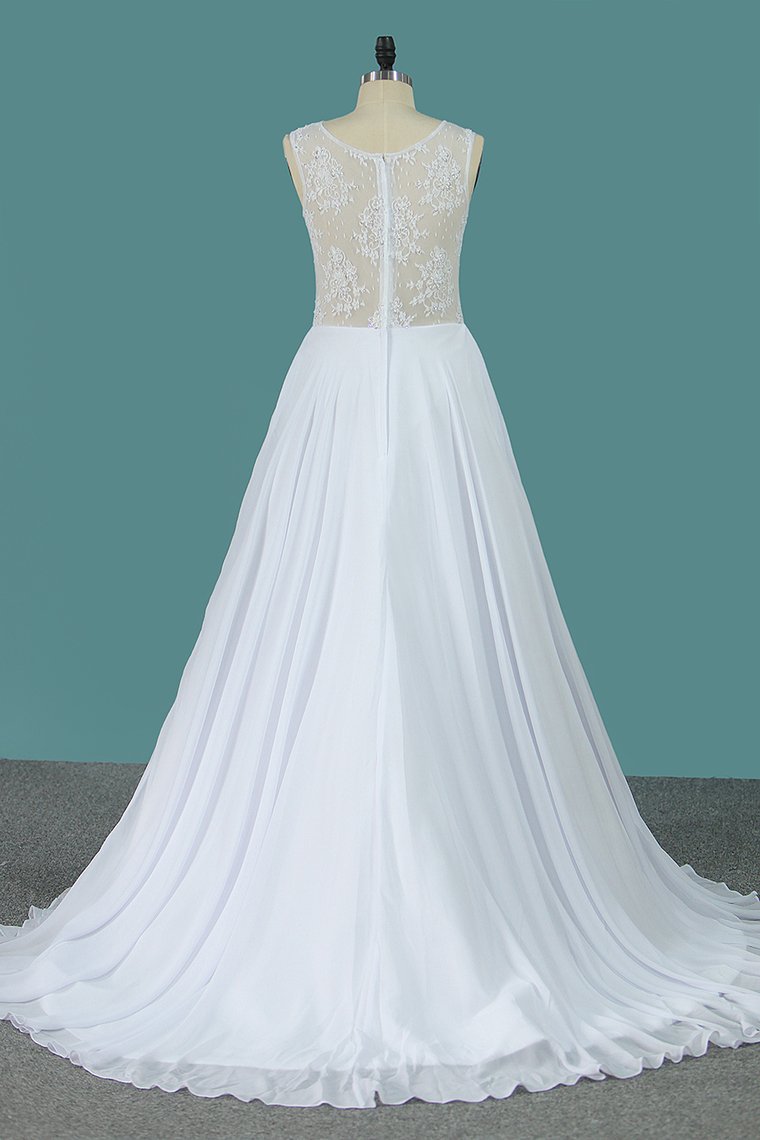 A Line Scoop Chiffon Wedding Dresses With Applique Sweep Train