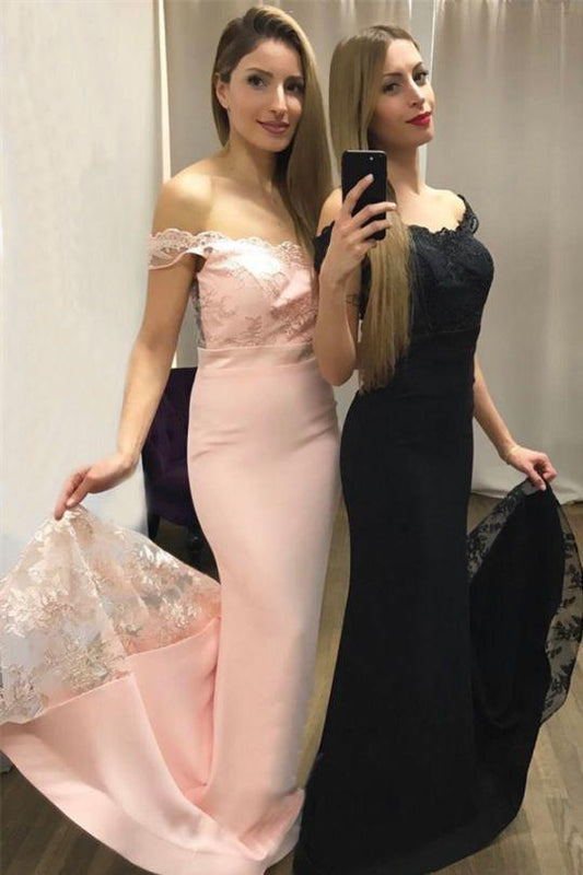 Mermaid Off the Shoulder Sweep Train Sweetheart Pink Prom Dresses with Appliques WK109
