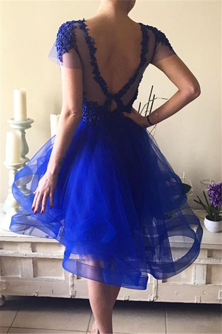 Scoop A Line Open Back Homecoming Dresses With Applique Tulle