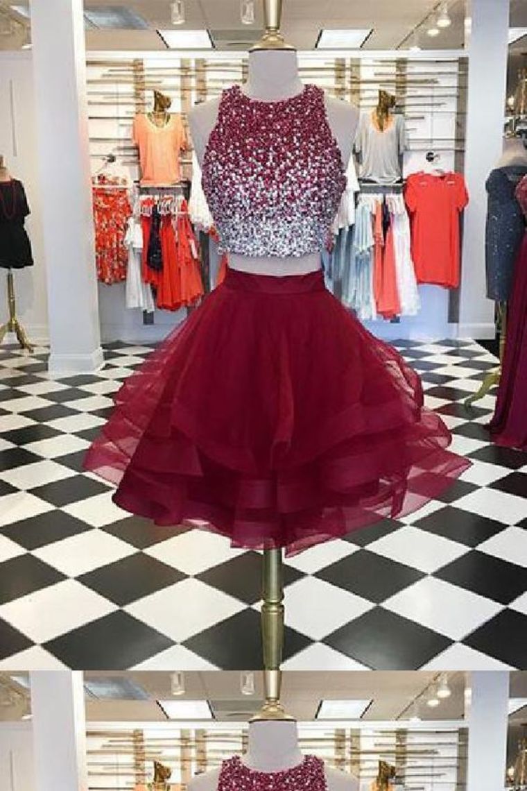 Scoop Homecoming Dresses Two-Piece Beaded Bodice Tulle Short