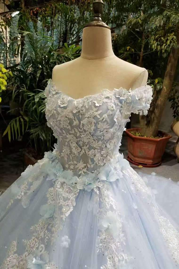 Tiffany Blue Wedding Dresses Tulle Lace Up With Appliques And Handmade Flowers Off The Shoulder