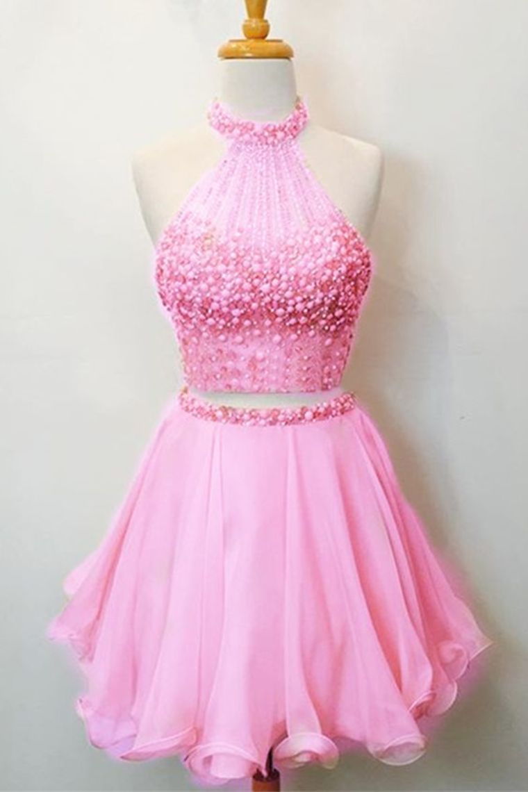 A Line/Princess Halter Homecoming Dresses Chiffon Beaded Bodice Two Pieces