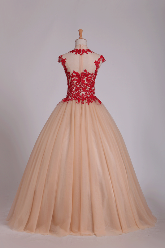 Quinceanera Dresses High Neck Ball Gown Tulle With Applique Sweep Train